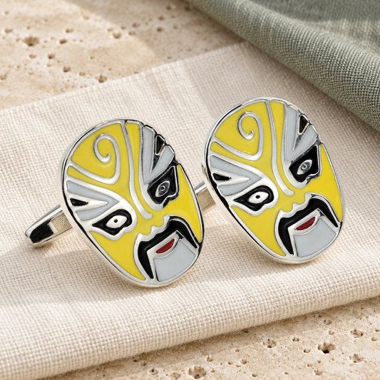 Peking Opera Drama Mask Yellow Cufflinks in a muted gift setting