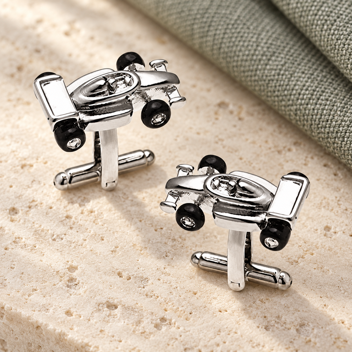 Silver Formula One Racing Car Cufflinks in a muted gift setting