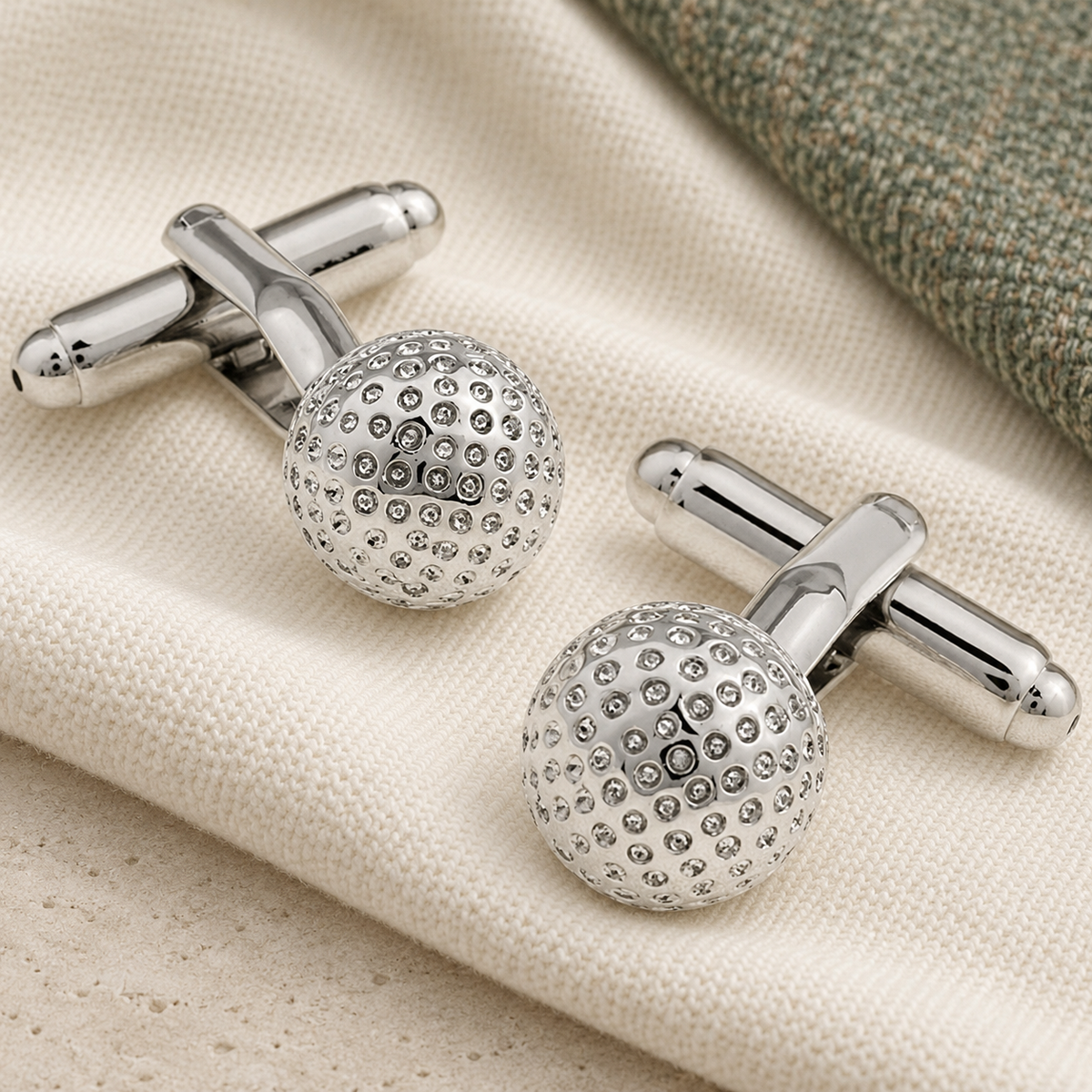 Silver Golf Ball Cufflinks in a muted gift setting