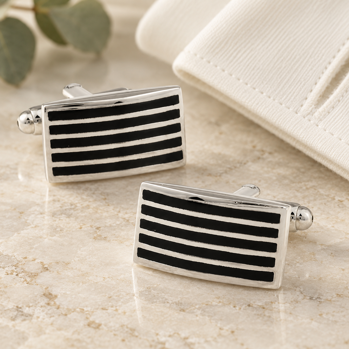 Silver With Enamel Black Lines Cufflinks in a muted gift setting