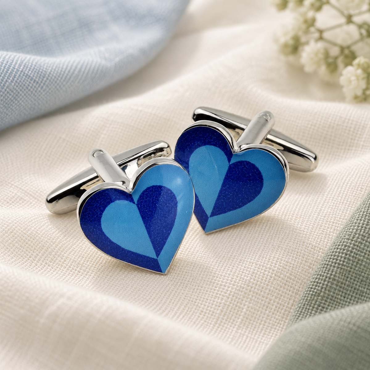 Two Tone Blue Heart Shaped Cufflinks in a muted gift setting