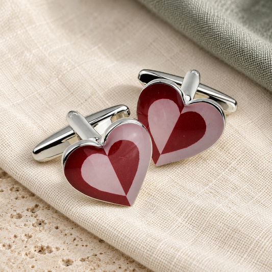 Two Tone Red Pink Heart Shaped Cufflinks in a muted gift setting