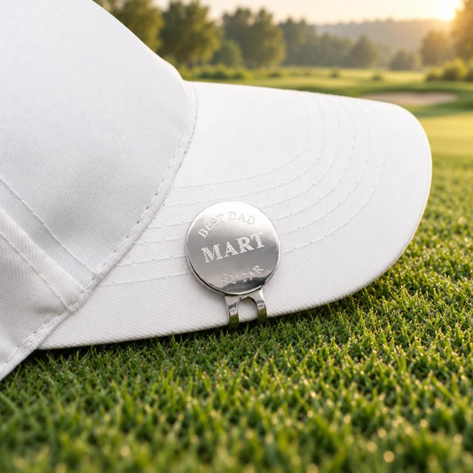 Personalised Golf Ball Marker Hat Clip Set in a muted gift setting