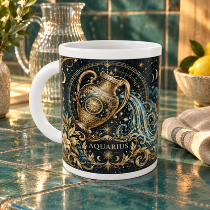 Aquarius Celestial zodiac wraparound mug, front view with white top and bottom borders