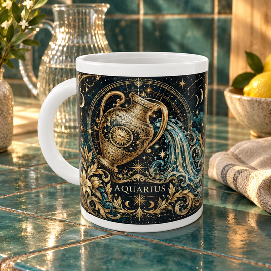 Aquarius Celestial zodiac wraparound mug, front view with white top and bottom borders