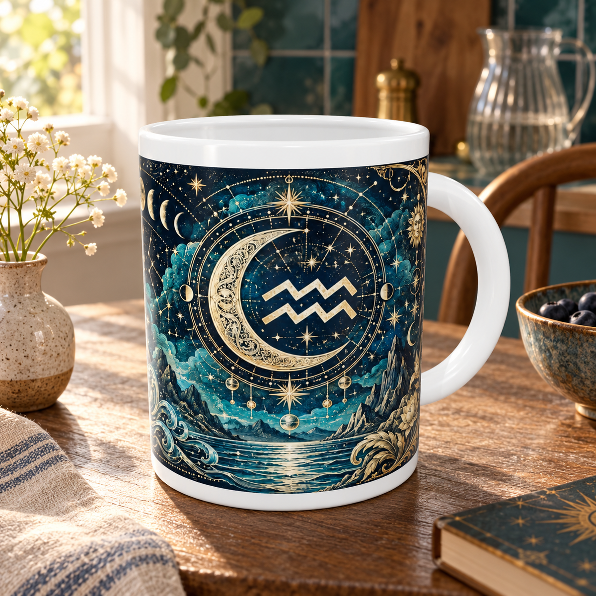 Aquarius Celestial zodiac wraparound mug, back view with white top and bottom borders