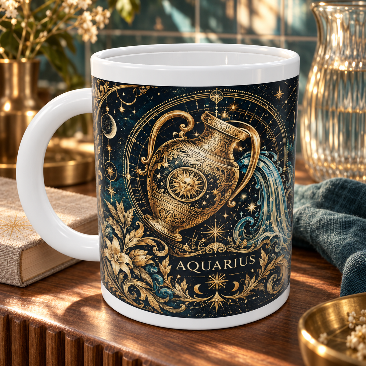 Aquarius Celestial zodiac wraparound mug, detail view with white top and bottom borders