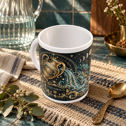 Aquarius Celestial zodiac wraparound mug, above view with white top and bottom borders