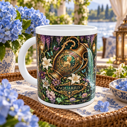 Aquarius Enchanted Garden zodiac wraparound mug, front view with white top and bottom borders