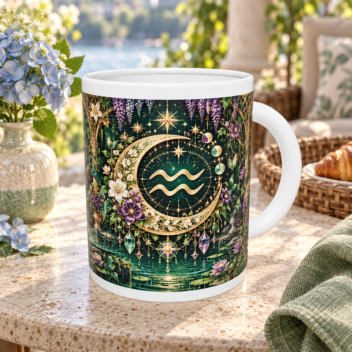 Aquarius Enchanted Garden zodiac wraparound mug, back view with white top and bottom borders
