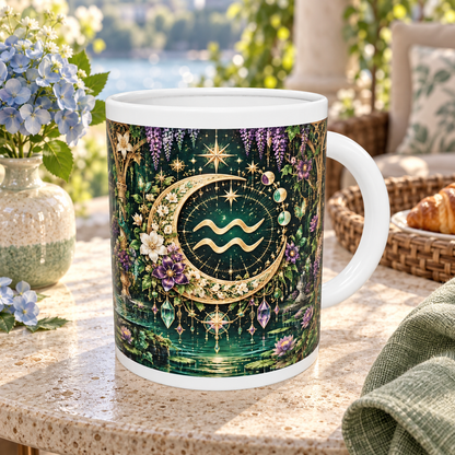 Aquarius Enchanted Garden zodiac wraparound mug, back view with white top and bottom borders
