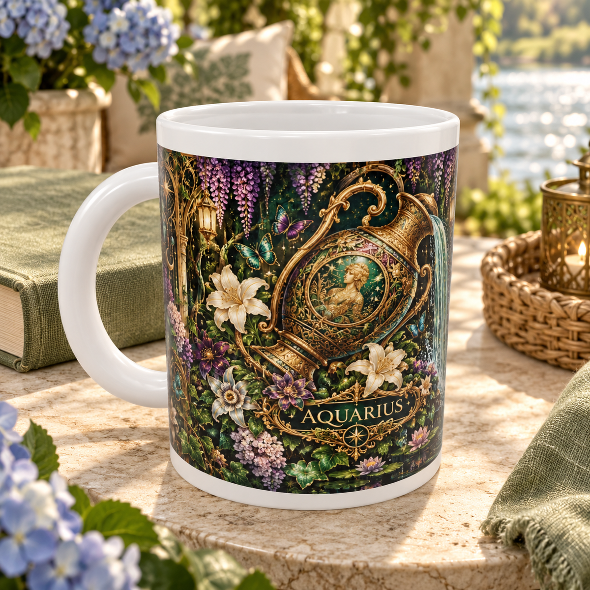 Aquarius Enchanted Garden zodiac wraparound mug, detail view with white top and bottom borders