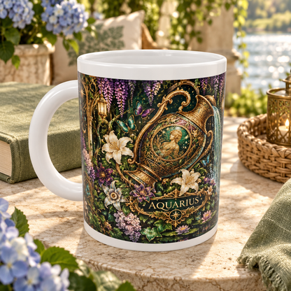 Aquarius Enchanted Garden zodiac wraparound mug, detail view with white top and bottom borders