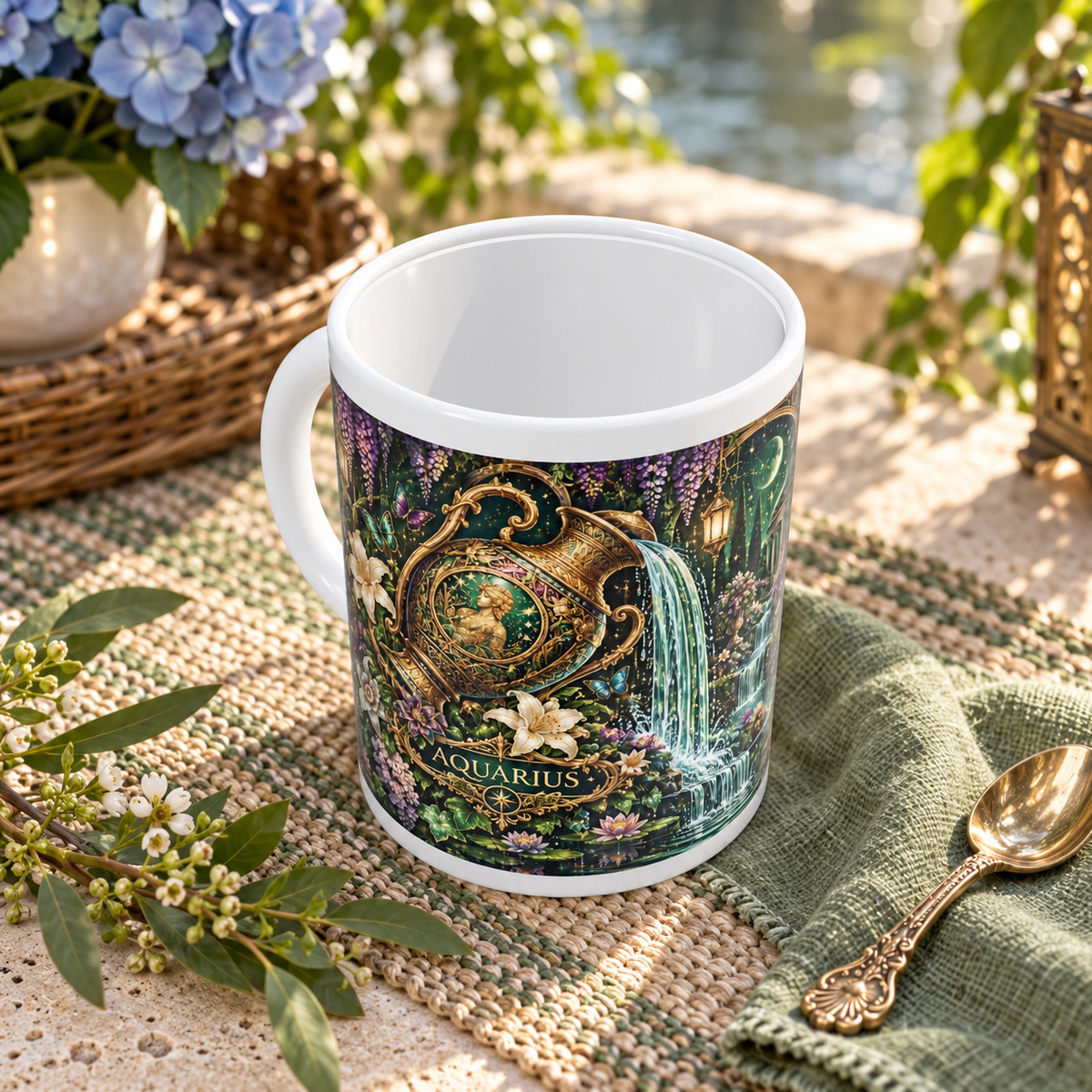Aquarius Enchanted Garden zodiac wraparound mug, above view with white top and bottom borders