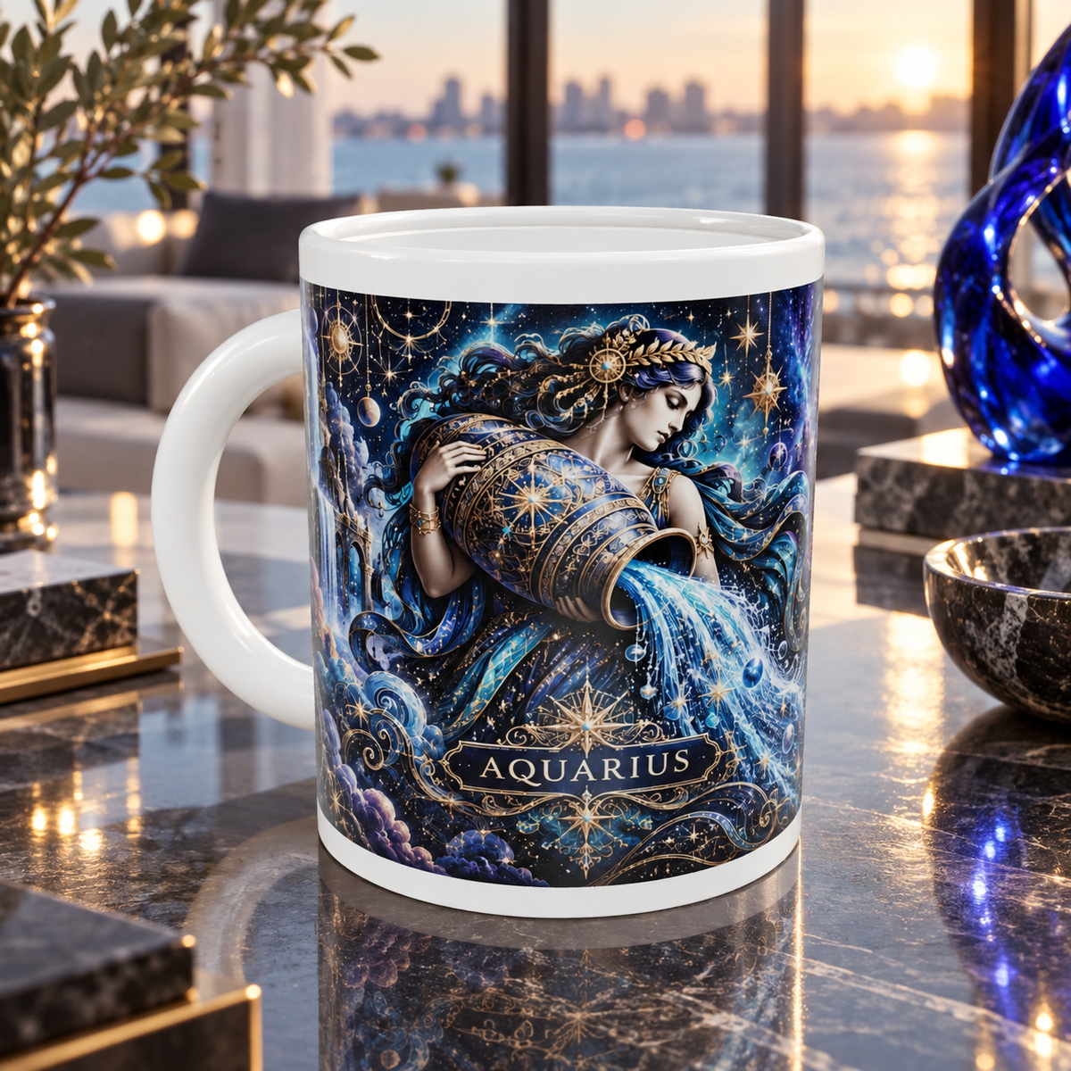Aquarius Cosmic Tapestry zodiac wraparound mug, front view with white top and bottom borders