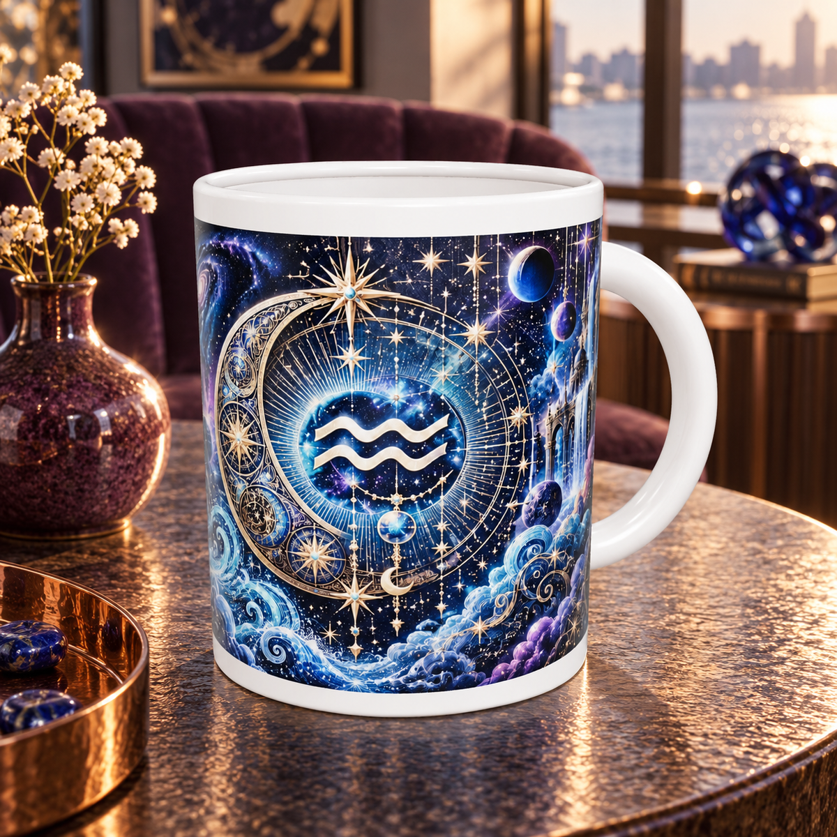 Aquarius Cosmic Tapestry zodiac wraparound mug, back view with white top and bottom borders