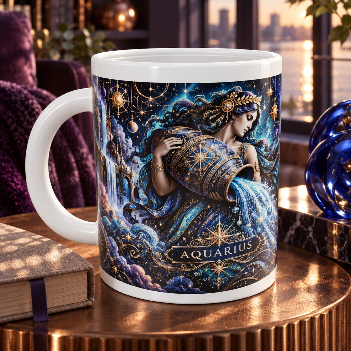 Aquarius Cosmic Tapestry zodiac wraparound mug, detail view with white top and bottom borders