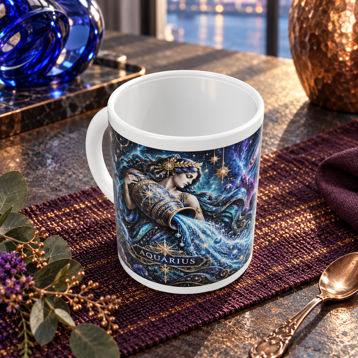 Aquarius Cosmic Tapestry zodiac wraparound mug, above view with white top and bottom borders