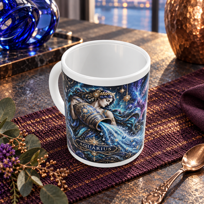 Aquarius Cosmic Tapestry zodiac wraparound mug, above view with white top and bottom borders