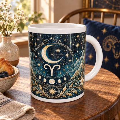 Aries Celestial zodiac wraparound mug, back view with white top and bottom borders