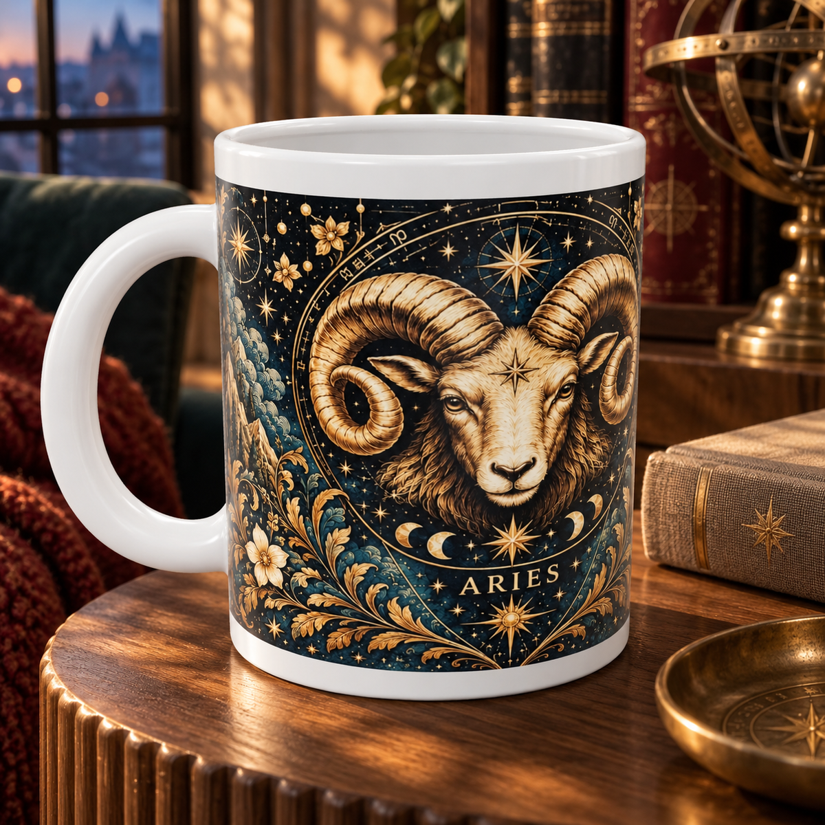 Aries Celestial zodiac wraparound mug, detail view with white top and bottom borders