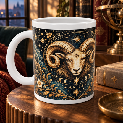 Aries Celestial zodiac wraparound mug, detail view with white top and bottom borders