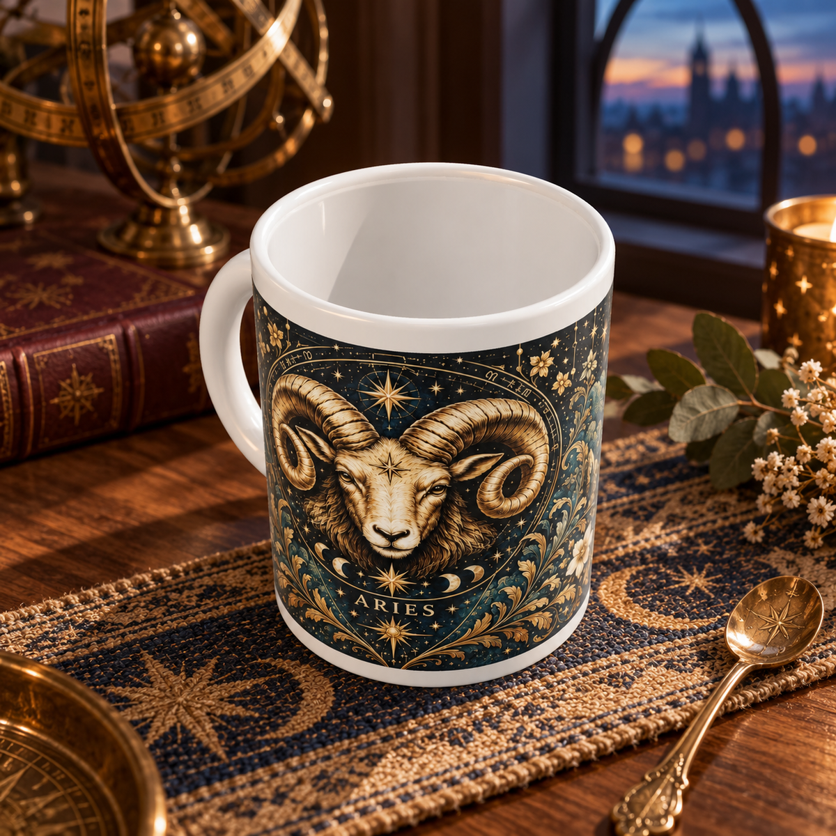 Aries Celestial zodiac wraparound mug, above view with white top and bottom borders