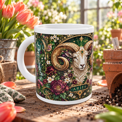 Aries Enchanted Garden zodiac wraparound mug, front view with white top and bottom borders