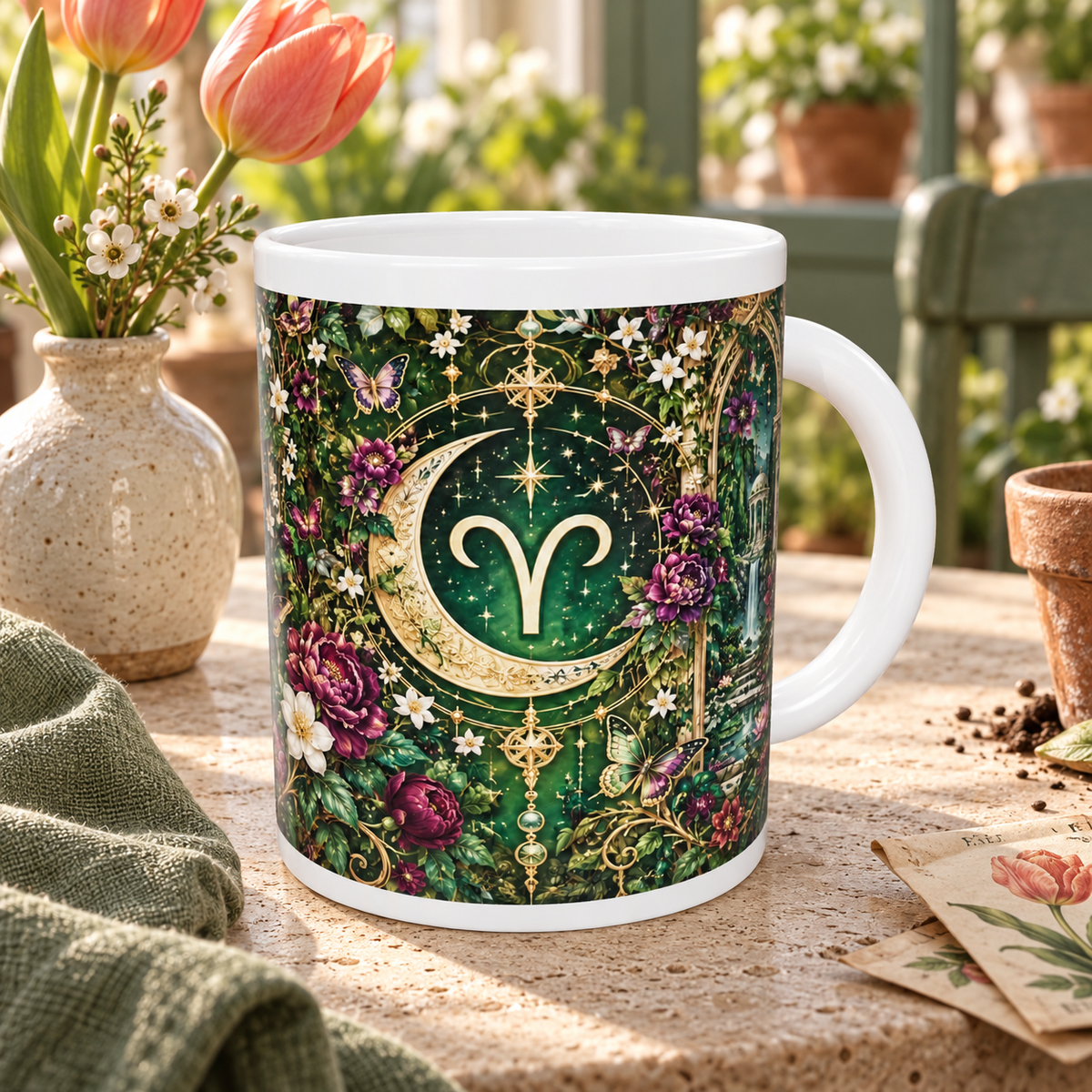 Aries Enchanted Garden zodiac wraparound mug, back view with white top and bottom borders