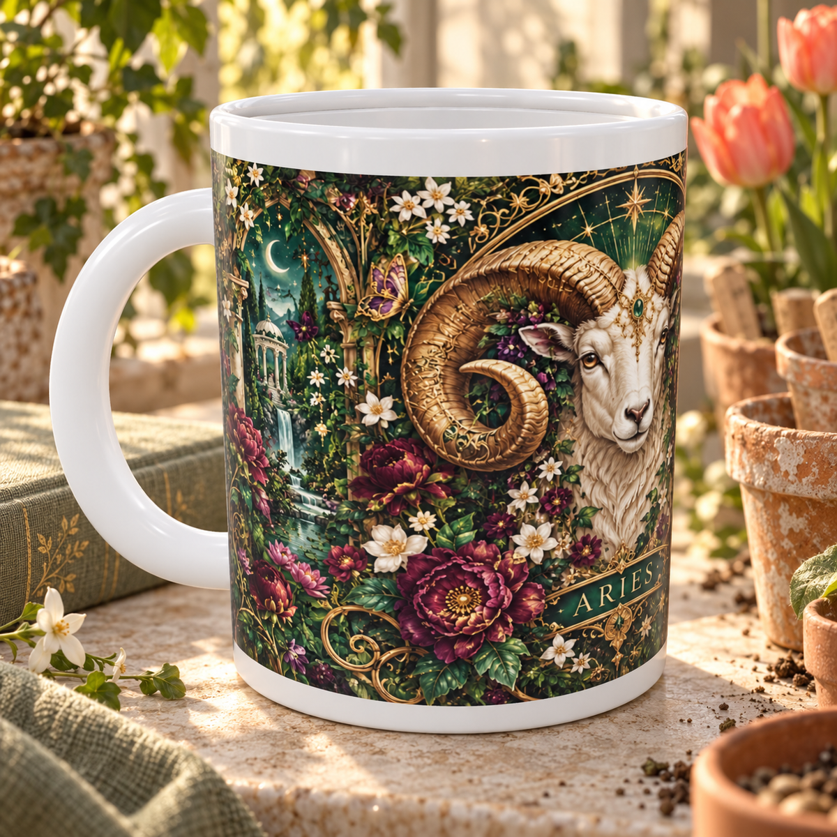 Aries Enchanted Garden zodiac wraparound mug, detail view with white top and bottom borders