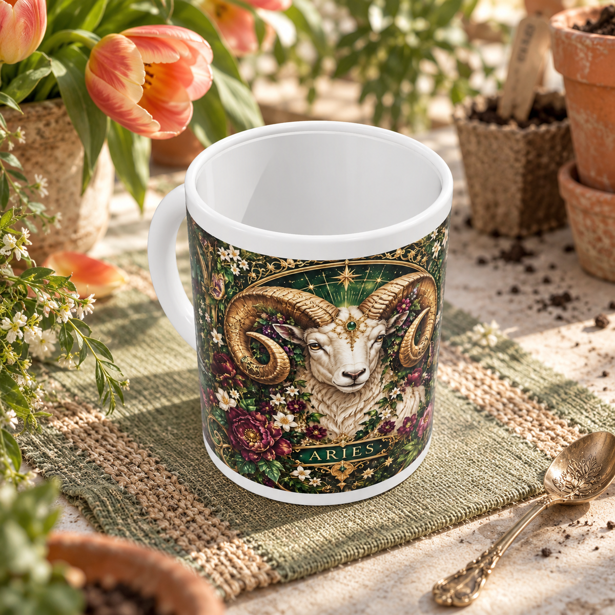 Aries Enchanted Garden zodiac wraparound mug, above view with white top and bottom borders