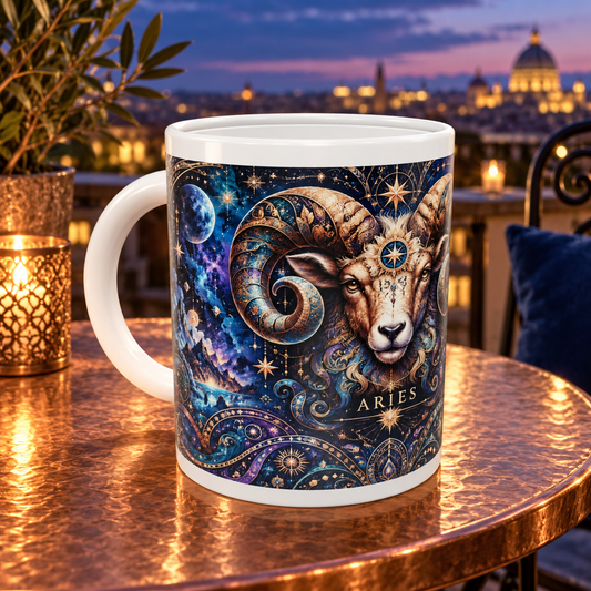 Aries Cosmic Tapestry zodiac wraparound mug, front view with white top and bottom borders