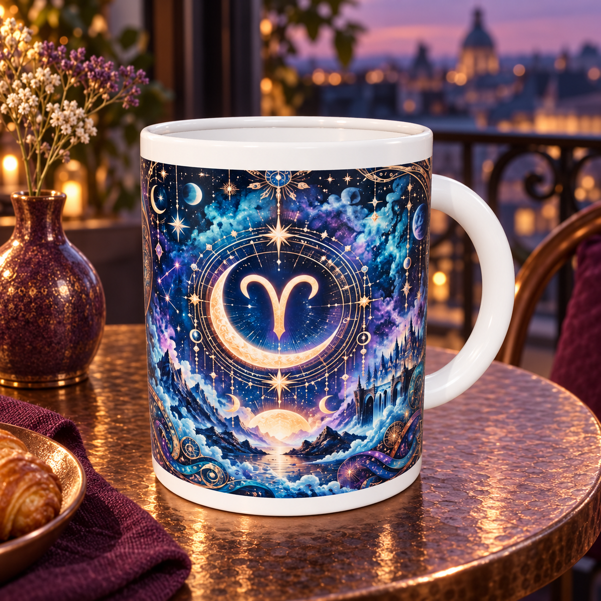 Aries Cosmic Tapestry zodiac wraparound mug, back view with white top and bottom borders