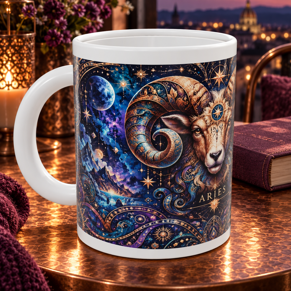 Aries Cosmic Tapestry zodiac wraparound mug, detail view with white top and bottom borders