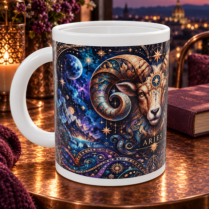 Aries Cosmic Tapestry zodiac wraparound mug, detail view with white top and bottom borders