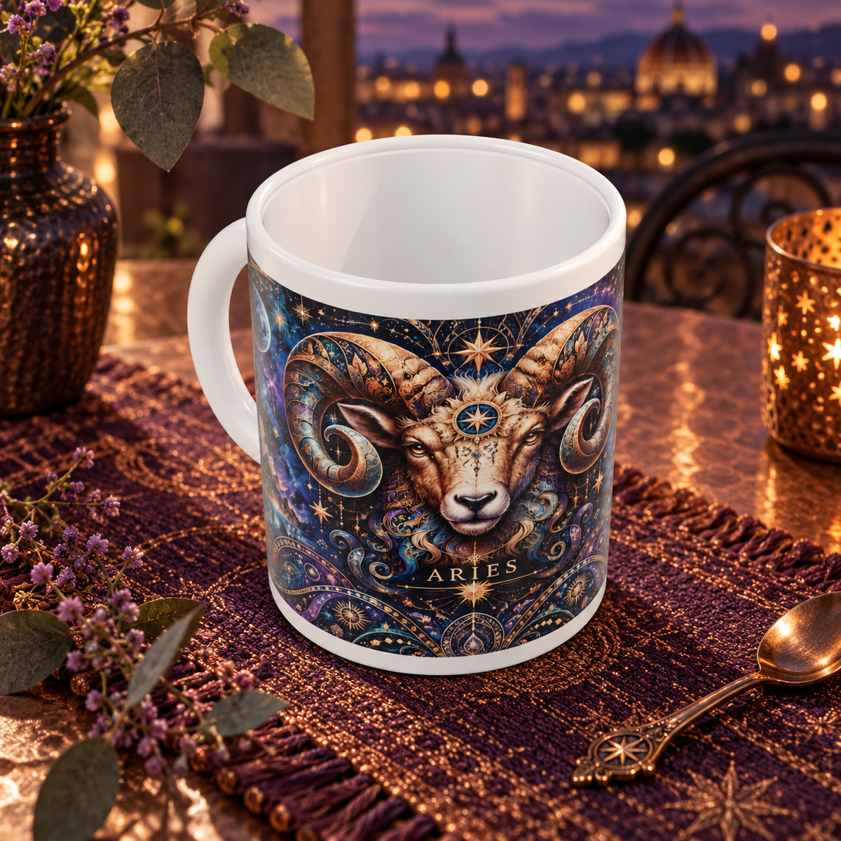 Aries Cosmic Tapestry zodiac wraparound mug, above view with white top and bottom borders