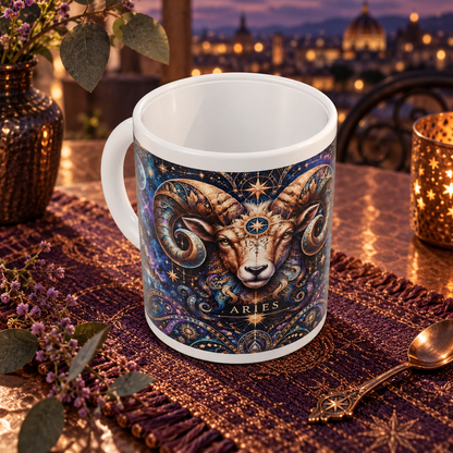 Aries Cosmic Tapestry zodiac wraparound mug, above view with white top and bottom borders
