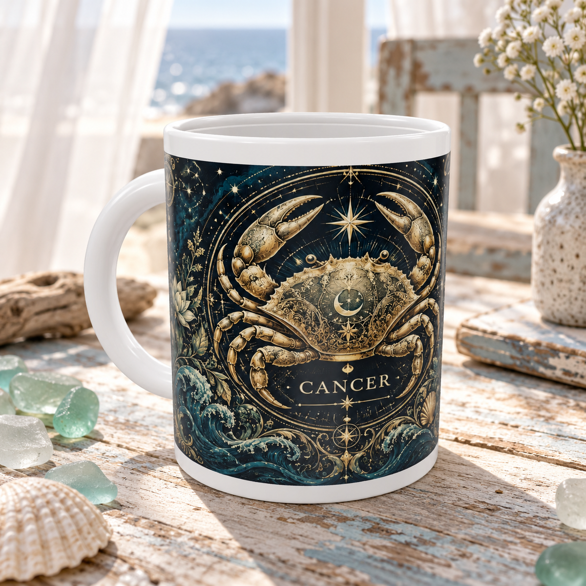 Cancer Celestial zodiac wraparound mug, front view with white top and bottom borders