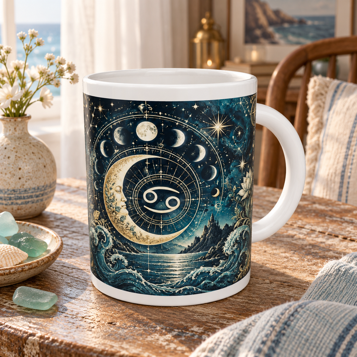 Cancer Celestial zodiac wraparound mug, back view with white top and bottom borders