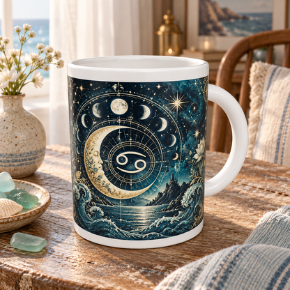 Cancer Celestial zodiac wraparound mug, back view with white top and bottom borders