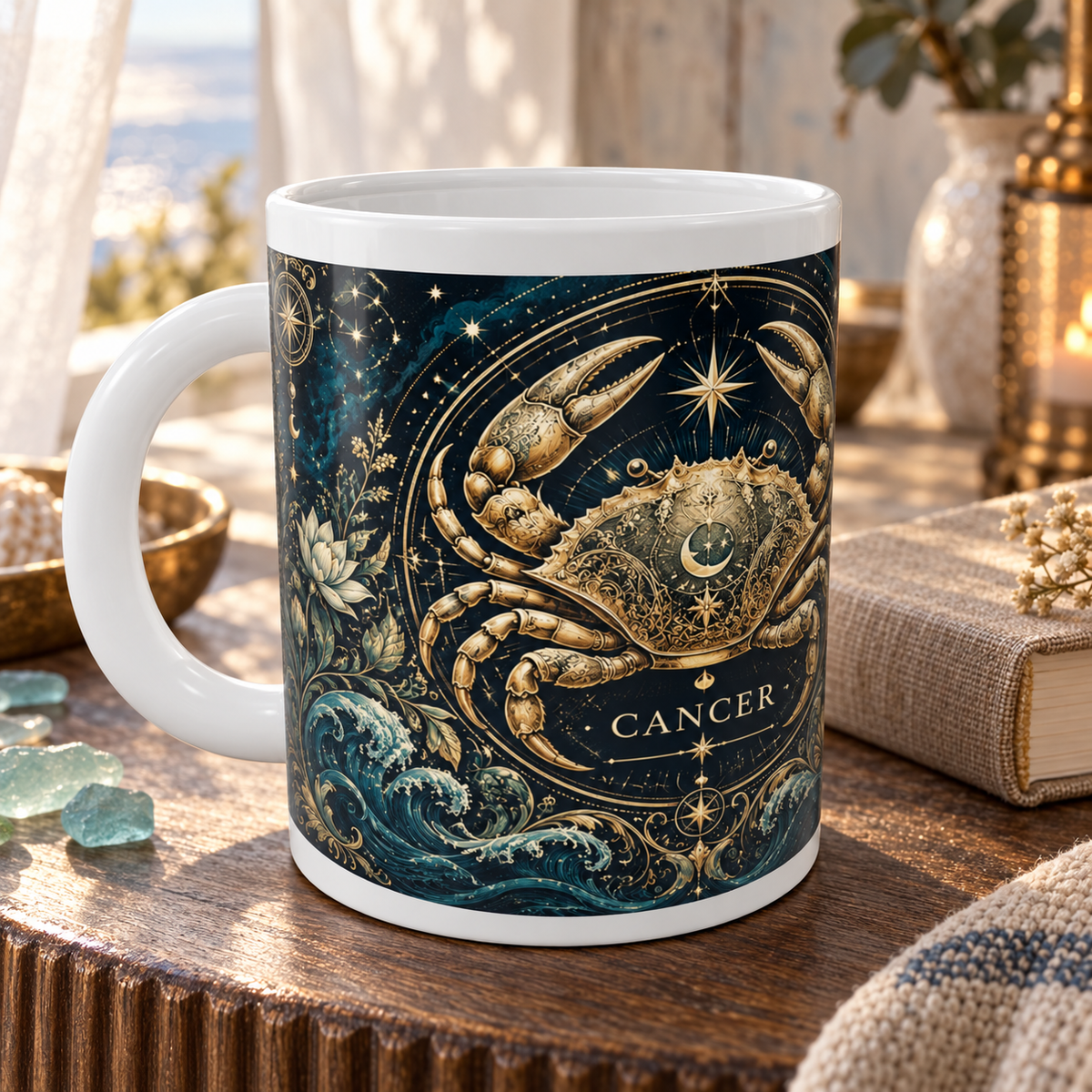 Cancer Celestial zodiac wraparound mug, detail view with white top and bottom borders