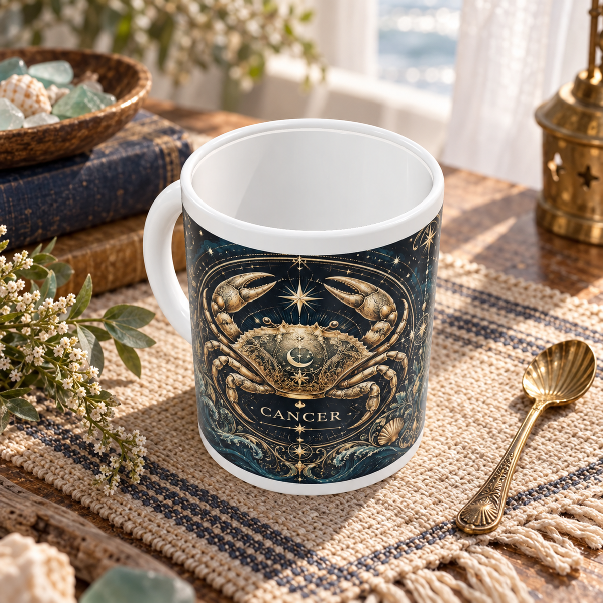 Cancer Celestial zodiac wraparound mug, above view with white top and bottom borders