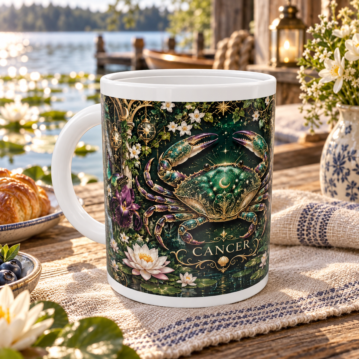 Cancer Enchanted Garden zodiac wraparound mug, front view with white top and bottom borders