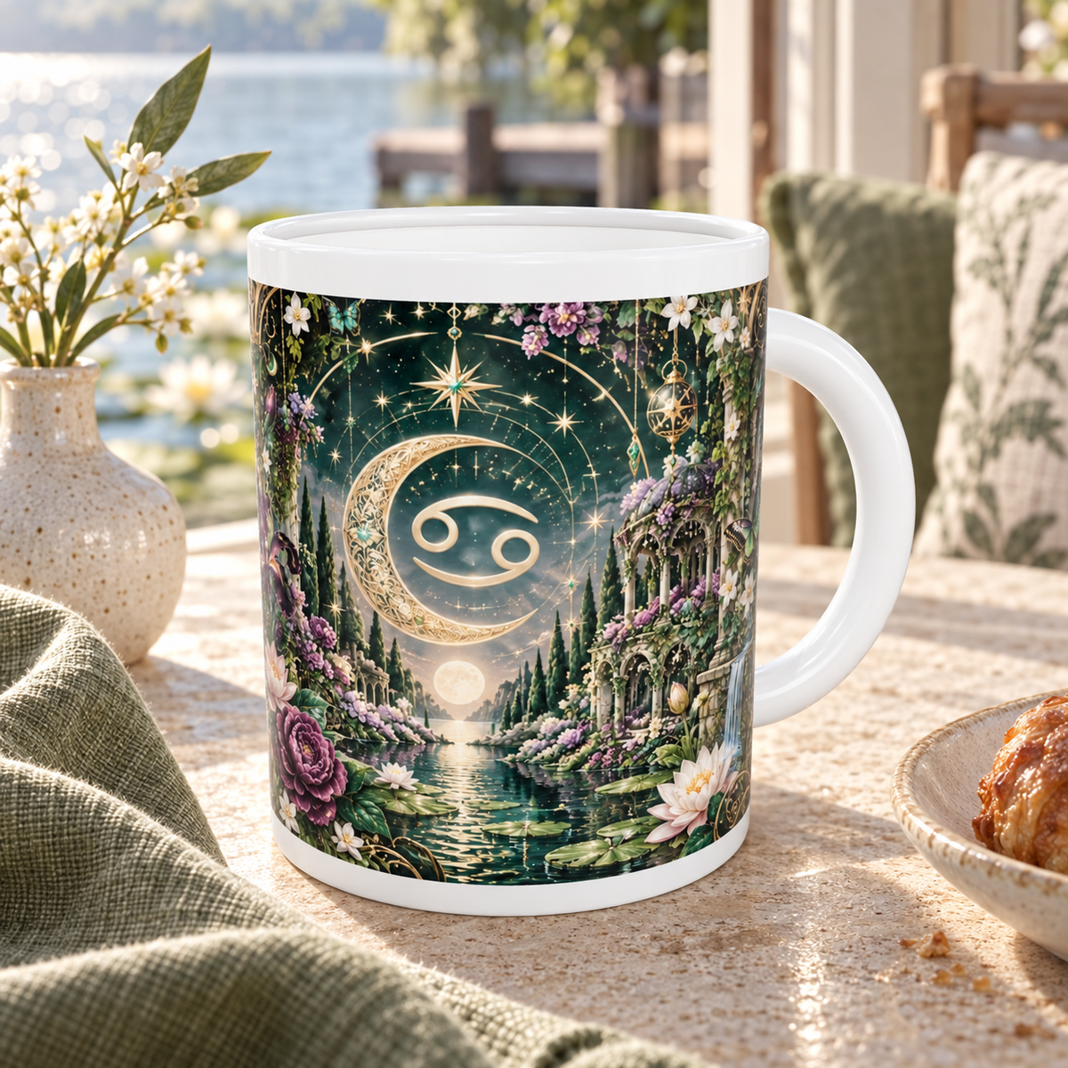 Cancer Enchanted Garden zodiac wraparound mug, back view with white top and bottom borders