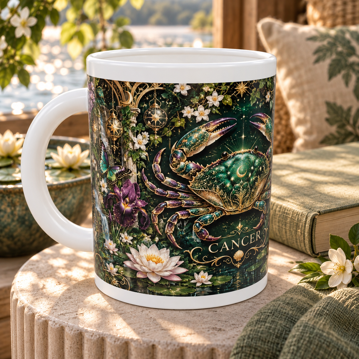 Cancer Enchanted Garden zodiac wraparound mug, detail view with white top and bottom borders