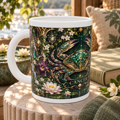 Cancer Enchanted Garden zodiac wraparound mug, detail view with white top and bottom borders