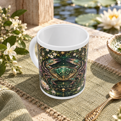 Cancer Enchanted Garden zodiac wraparound mug, above view with white top and bottom borders