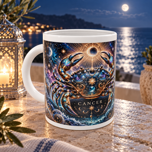 Cancer Cosmic Tapestry zodiac wraparound mug, front view with white top and bottom borders