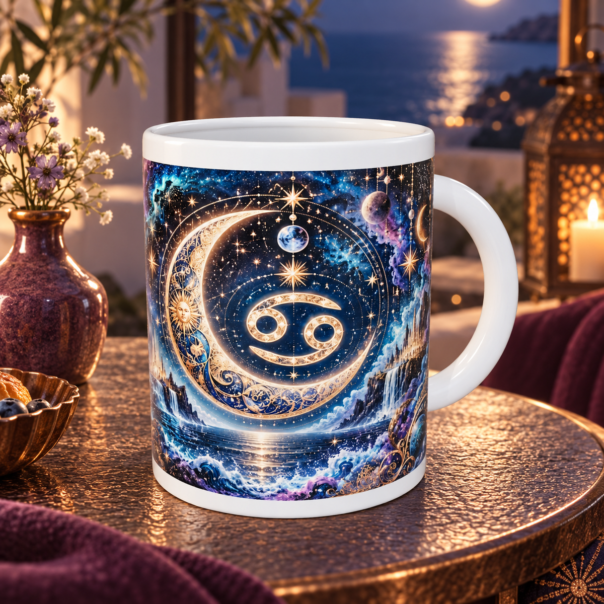 Cancer Cosmic Tapestry zodiac wraparound mug, back view with white top and bottom borders