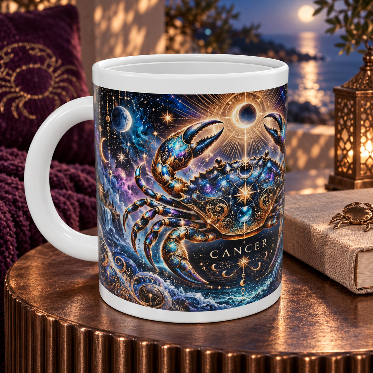Cancer Cosmic Tapestry zodiac wraparound mug, detail view with white top and bottom borders